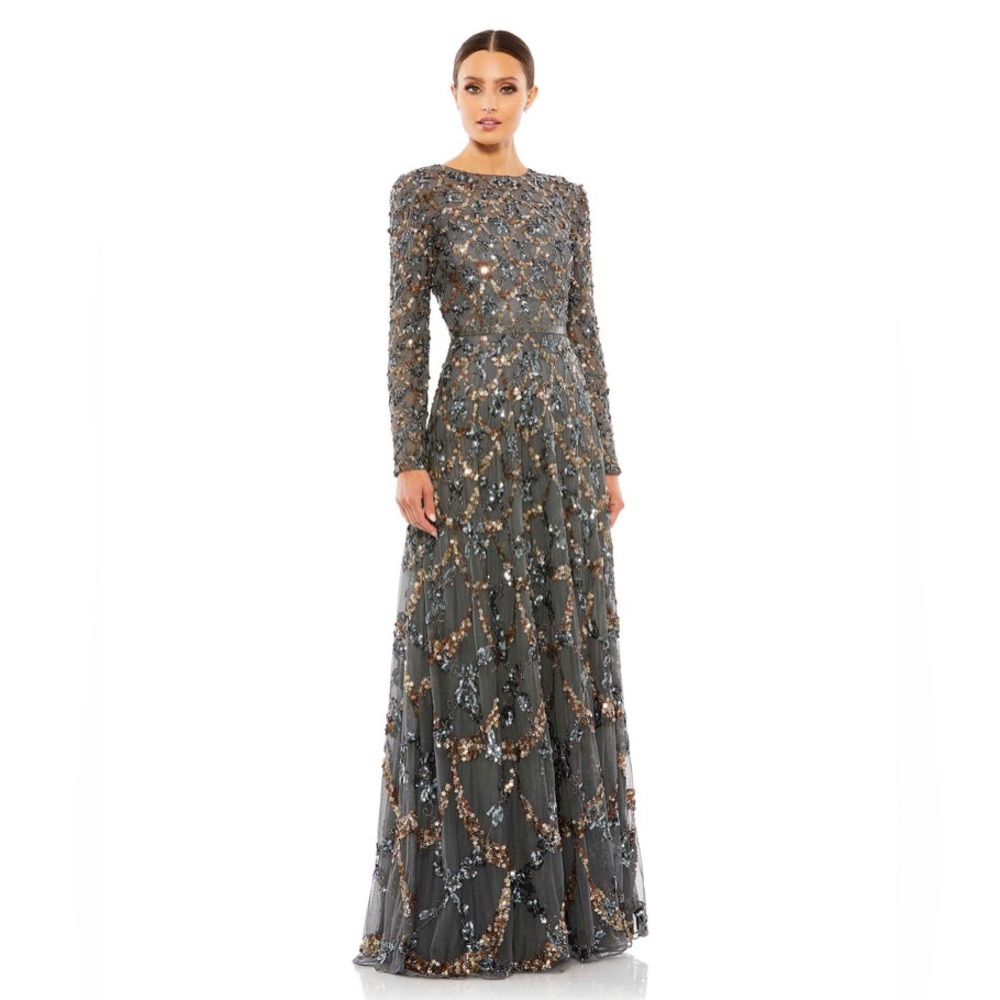 Mac Duggal Charcoal Gray Beaded Long Sleeve Maxi Gown with Gold Embellishments